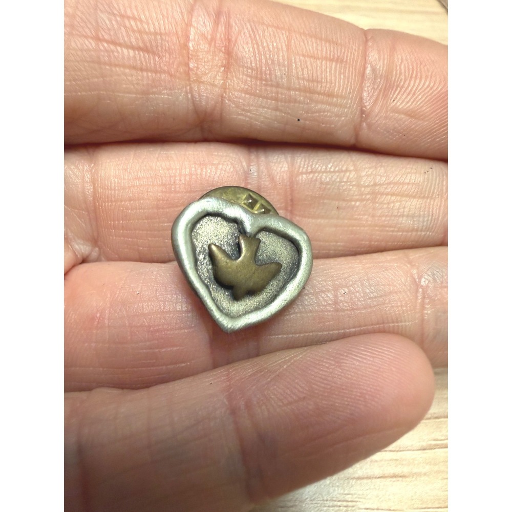 Vintage Mixed Metal Pewter Heart Dove Bird Lapel Pin Small Silver Gold Tone